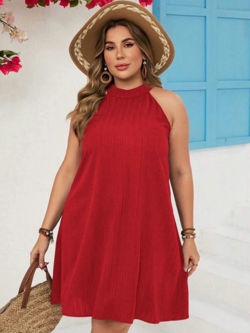 NEW Boutique Cherry Red A-Line Halter Dress Back Neck Tie Plus Size 3X 4X 3X/4X